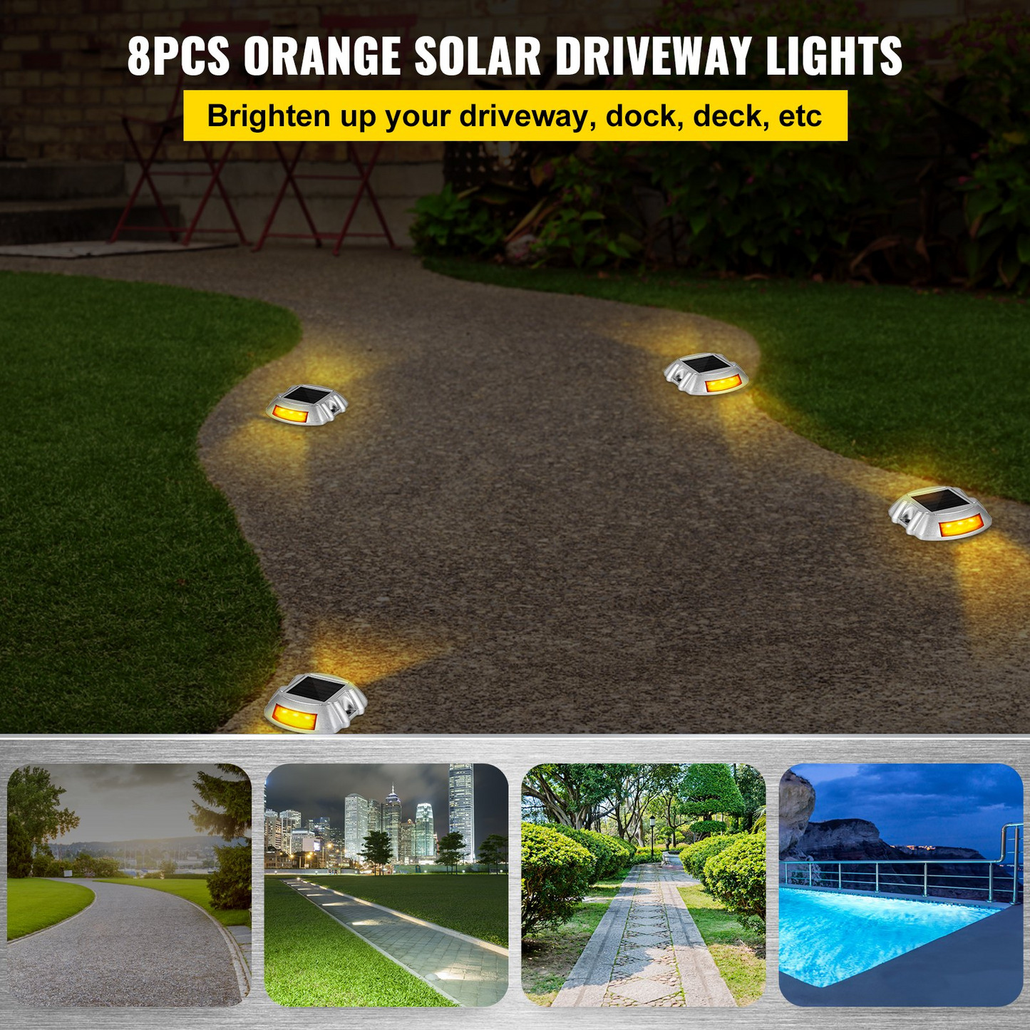 Vevor Driveway Lights, 8-Pack Solar Driveway Lights with Switch Button, Solar Deck Lights Waterproof, Wireless Dock Lights 6 LEDs for Path Warning Garden Walkway Sidewalk Steps, LED Bright Orange