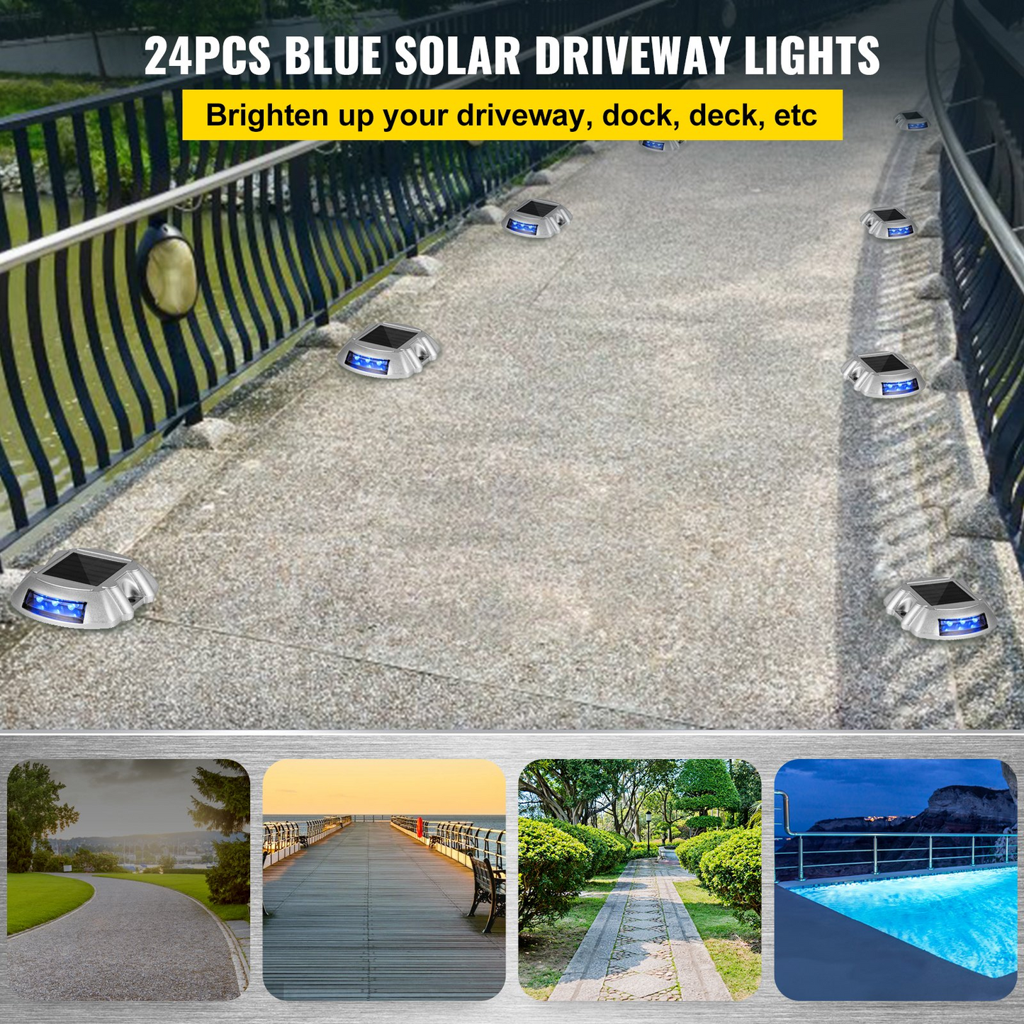 VEVOR Driveway Lights 24-Pack, Solar Driveway Lights with Switch Button, Solar Deck Lights Waterproof, Wireless Dock Lights 6 LEDs for Path Warning Garden Walkway Sidewalk Steps, LED Bright Blue