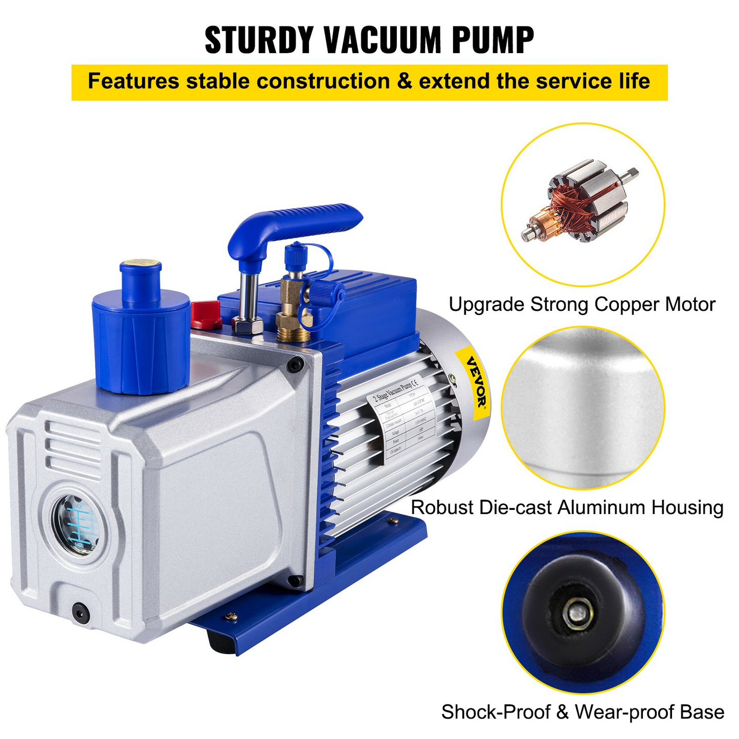 VEVOR Vacuum Pump 12CFM 1HP Vane Vacuum Pump Two Stage 3 x 10-1 Pa Ultimate HVAC Rotary Auto AC Refrigerant Vacuum Pump, for Automobile Reparation Vacuum Evacuation