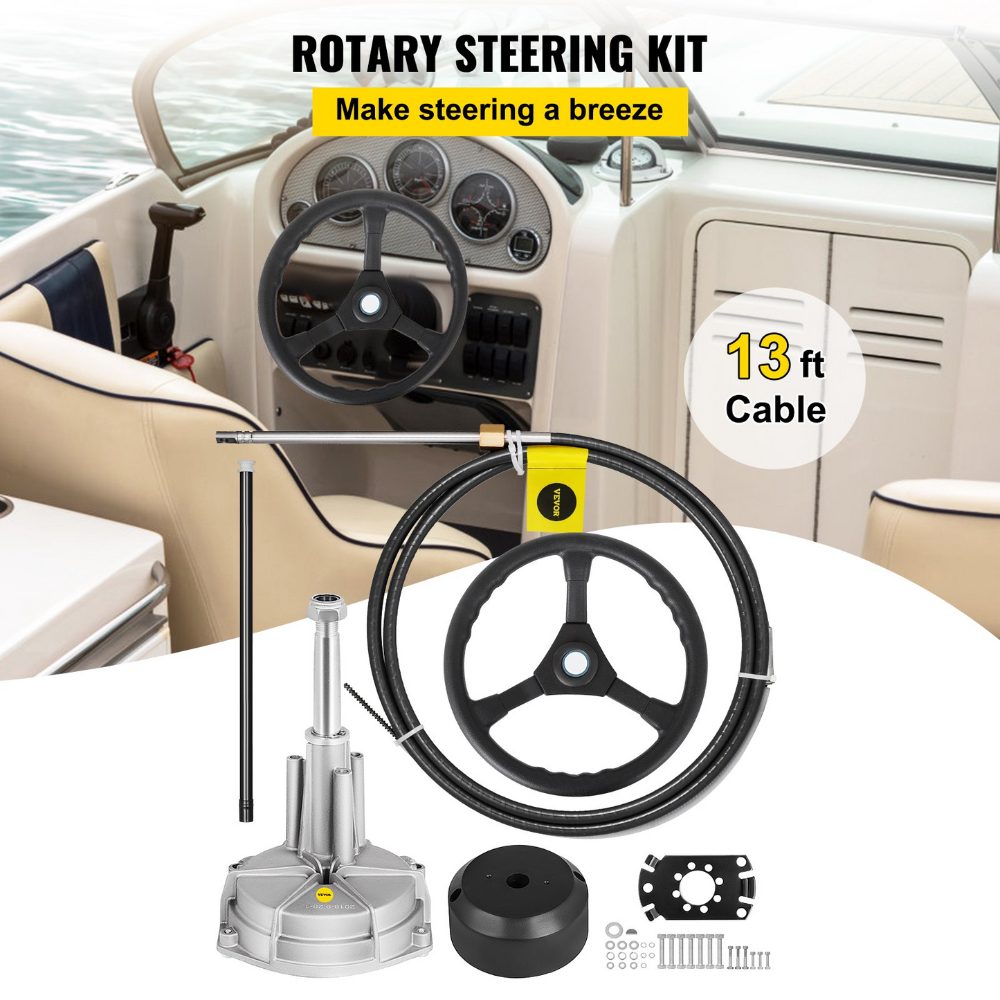 VEVOR Outboard Steering System 13' Outboard Rotary Steering System 13 Feet Boat Steering Cable with 13" Wheel Durable Marine Steering System