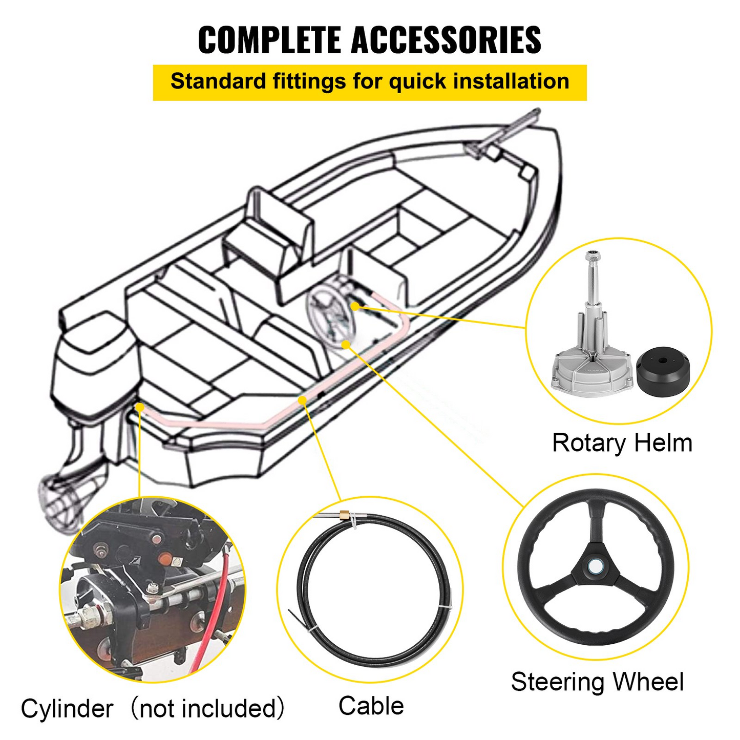 VEVOR Outboard Steering System 13' Outboard Rotary Steering System 13 Feet Boat Steering Cable with 13" Wheel Durable Marine Steering System