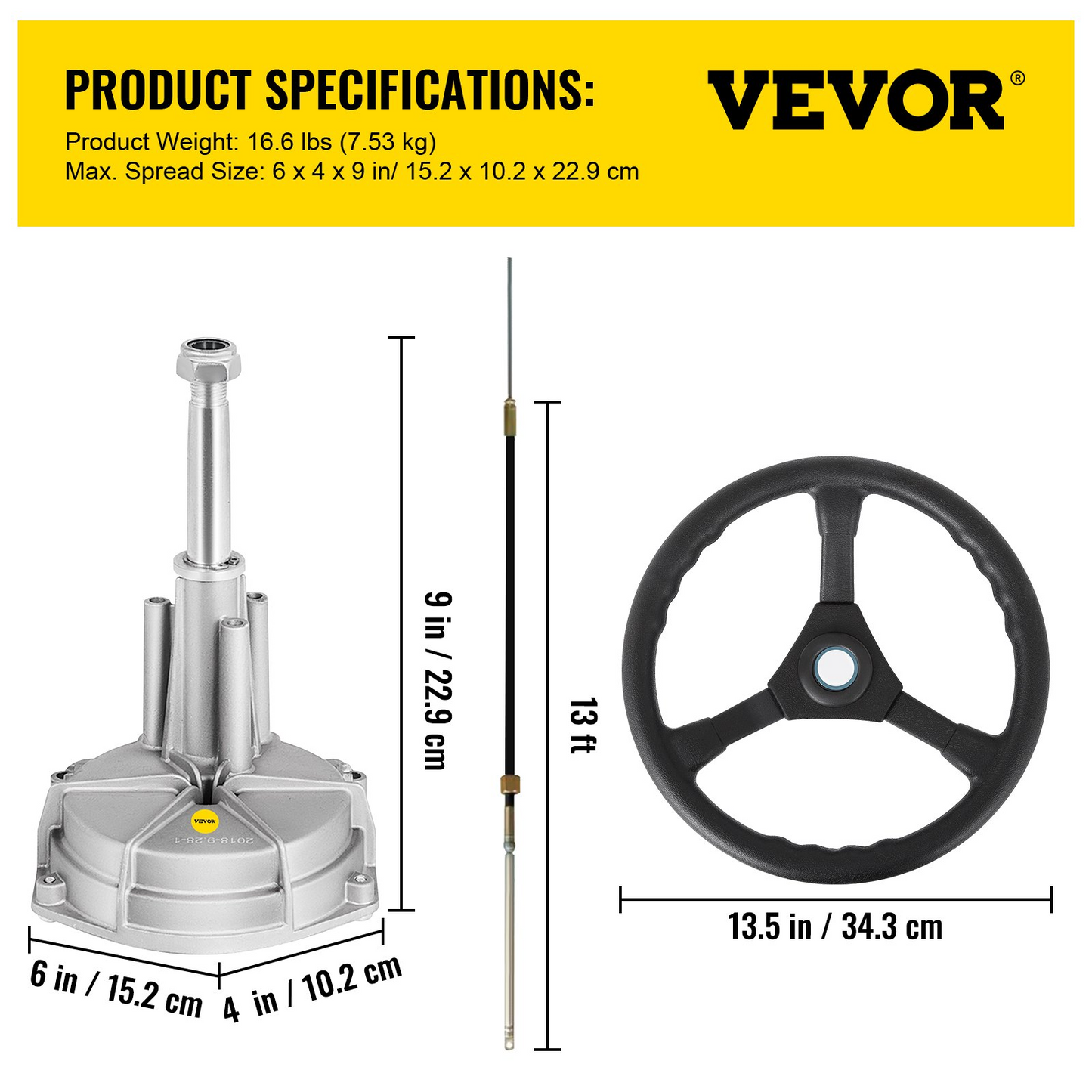 VEVOR Outboard Steering System 13' Outboard Rotary Steering System 13 Feet Boat Steering Cable with 13" Wheel Durable Marine Steering System