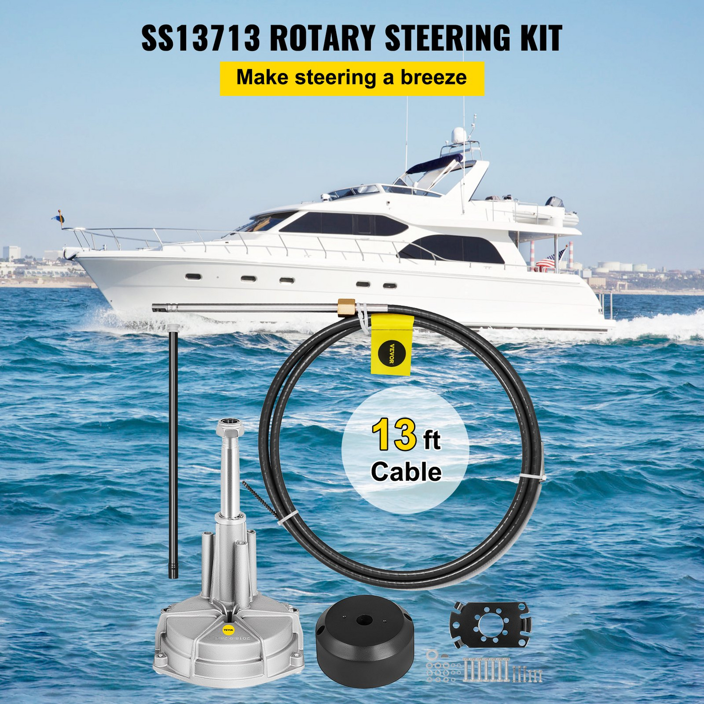 VEVOR Outboard Boat Steering 13' Boat Steering Cable 13 Feet Outboard Steering kit 3/4'' Tapered Shaft for Boat Steering