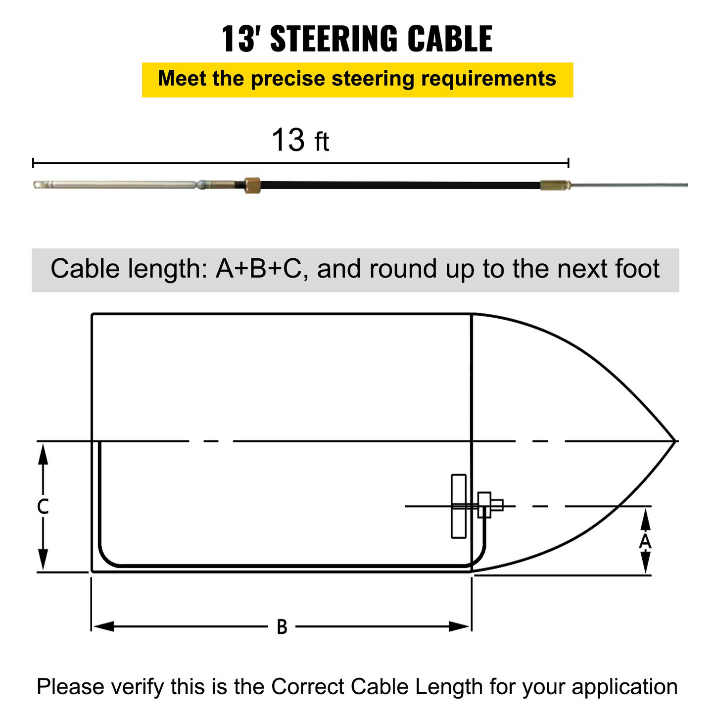 VEVOR Outboard Boat Steering 13' Boat Steering Cable 13 Feet Outboard Steering kit 3/4'' Tapered Shaft for Boat Steering