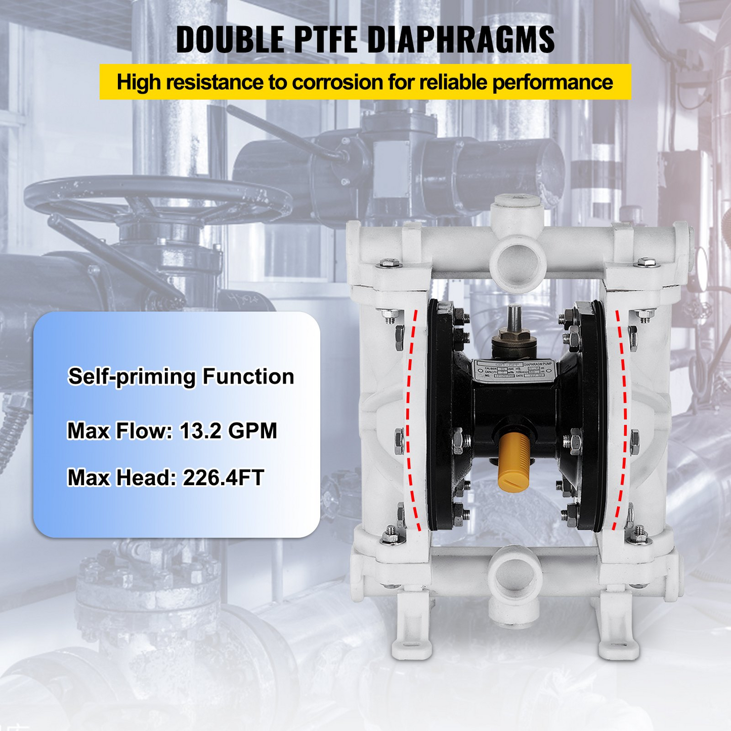 VEVOR Air-Operated Double Diaphragm Pump, 1/2 in Inlet & Outlet, Polypropylene Body, 13.2 GPM & Max 120PSI, PTFE Diaphragm Pneumatic Transfer Pump for Petroleum, Diesel, Oil & Low Viscosity Fluids