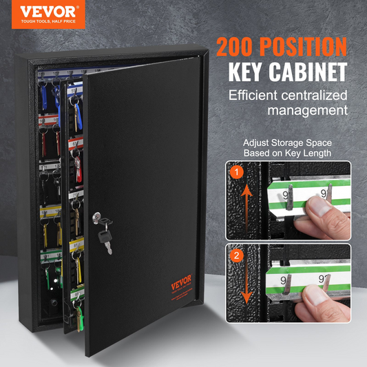 VEVOR 200-Key Cabinet, Key Lock Box with Adjustable Racks, Security Key Storage Box Steel, Key Organizer with 200 Colorful Key Tags and 4 Record Cards for School, Office, Hotel