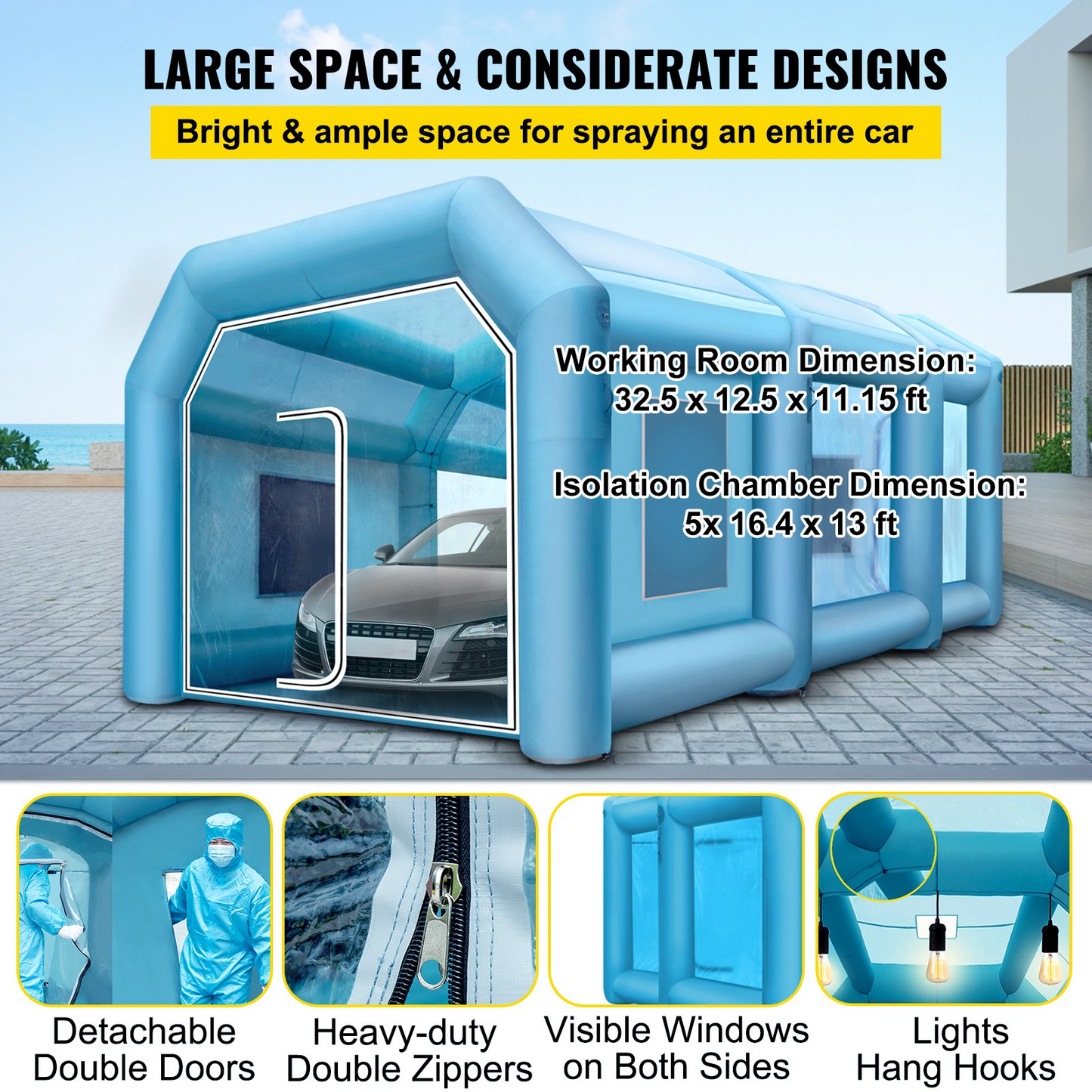 VEVOR 39.3x16.4x13.1Ft Inflatable Spray Booth Custom Tent Paint Booth Inflatable - High-Strength Oxford Cloth & PVC, Detachable Filtration Windows