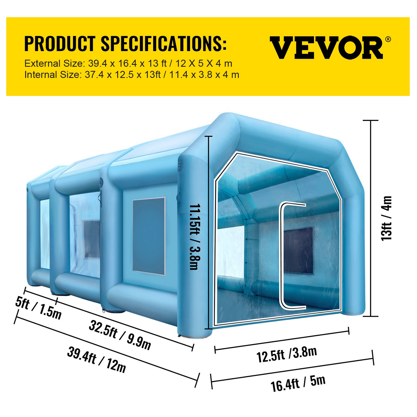 VEVOR 39.3x16.4x13.1Ft Inflatable Spray Booth Custom Tent Paint Booth Inflatable - High-Strength Oxford Cloth & PVC, Detachable Filtration Windows