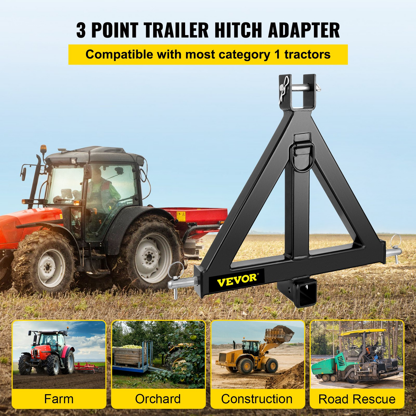 VEVOR 3 Point Trailer Hitch Heavy Duty 2In Receiver Hitch Category 1 33In Hitch Attachments Tow Hitch Drawbar Adapter Black (Heavy Duty Trailer Hitch)