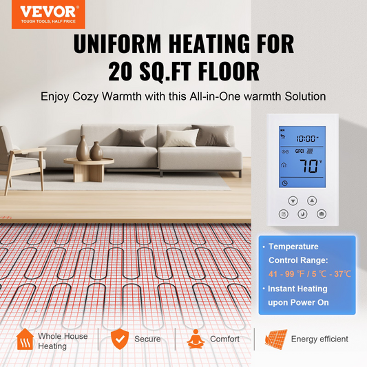 VEVOR Floor Heating Mat, 20 Sq. ft, Electric Radiant In-Floor Heated Warm System with Digital Floor Sensing Thermostat, Includes Installation Monitor, Adhesive Back for Easy Installation on The Floor