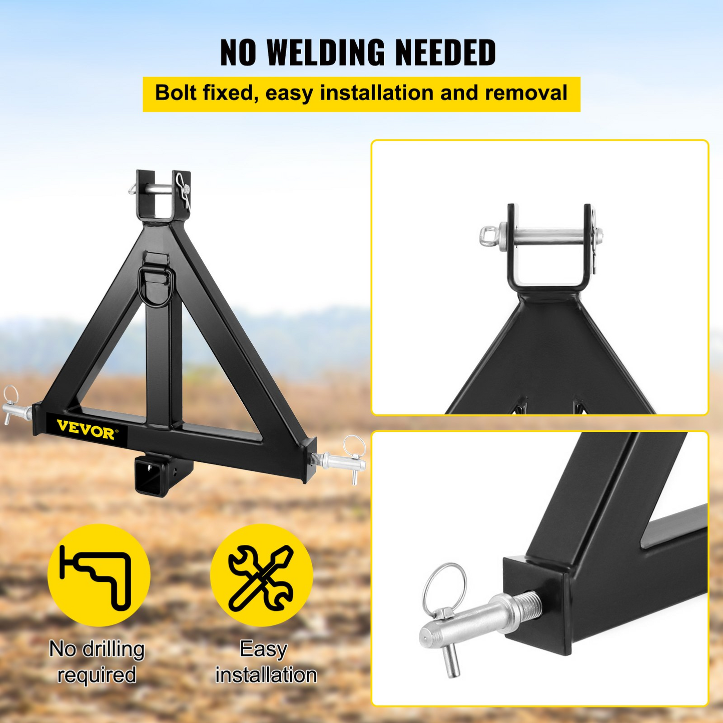 VEVOR 3 Point Trailer Hitch Heavy Duty 2In Receiver Hitch Category 1 33In Hitch Attachments Tow Hitch Drawbar Adapter Black (Heavy Duty Trailer Hitch)