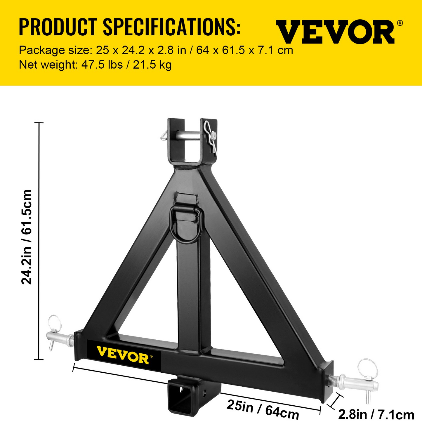 VEVOR 3 Point Trailer Hitch Heavy Duty 2In Receiver Hitch Category 1 33In Hitch Attachments Tow Hitch Drawbar Adapter Black (Heavy Duty Trailer Hitch)