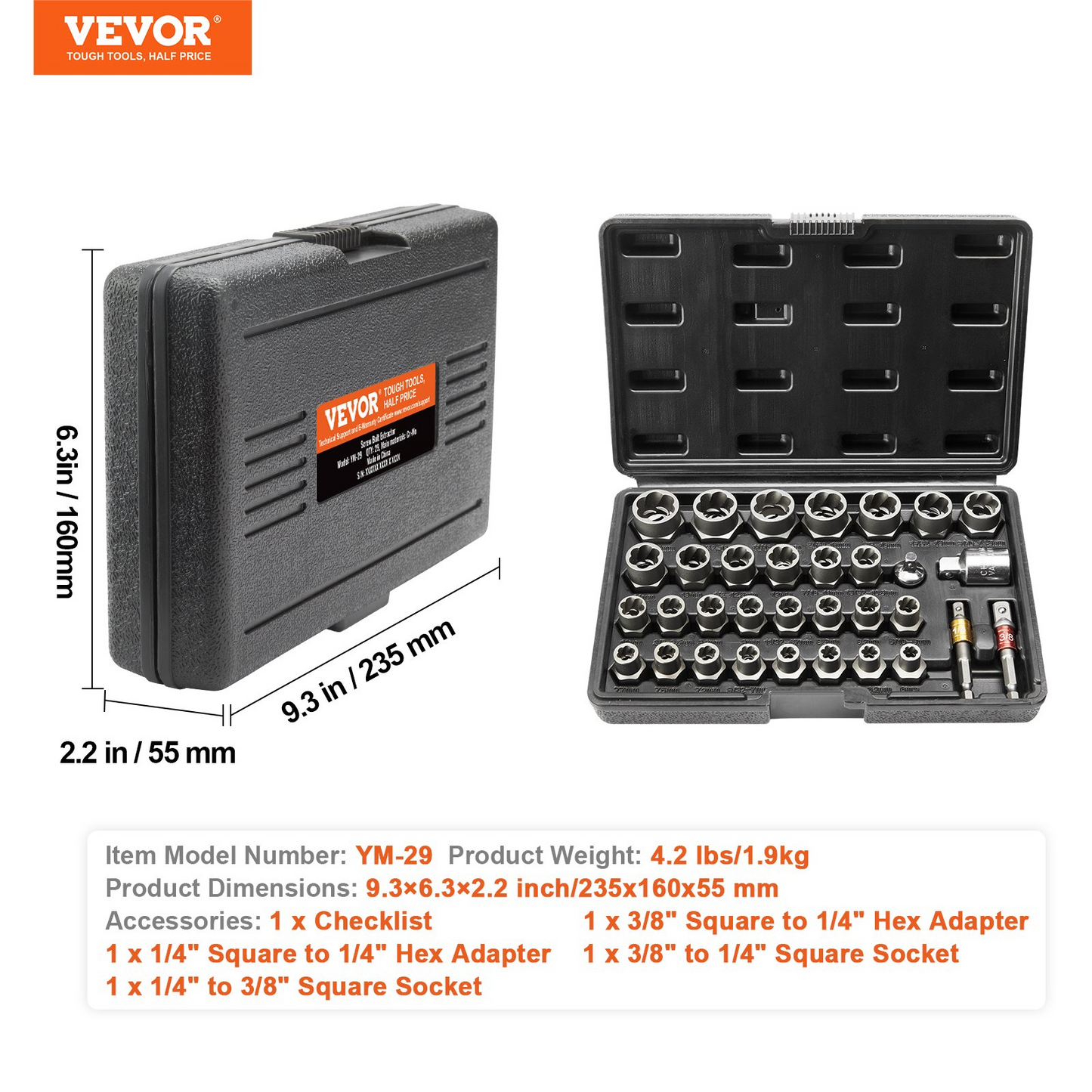 VEVOR Bolt Extractor Set, 29-Piece Bolt and Nut Remover Set, 6mm to 10mm, 13/32" to 3/4", CR-MO Steel Extraction Socket Set with Storage Case, for Removing Damaged Rusted Bolts, Nuts and Screws