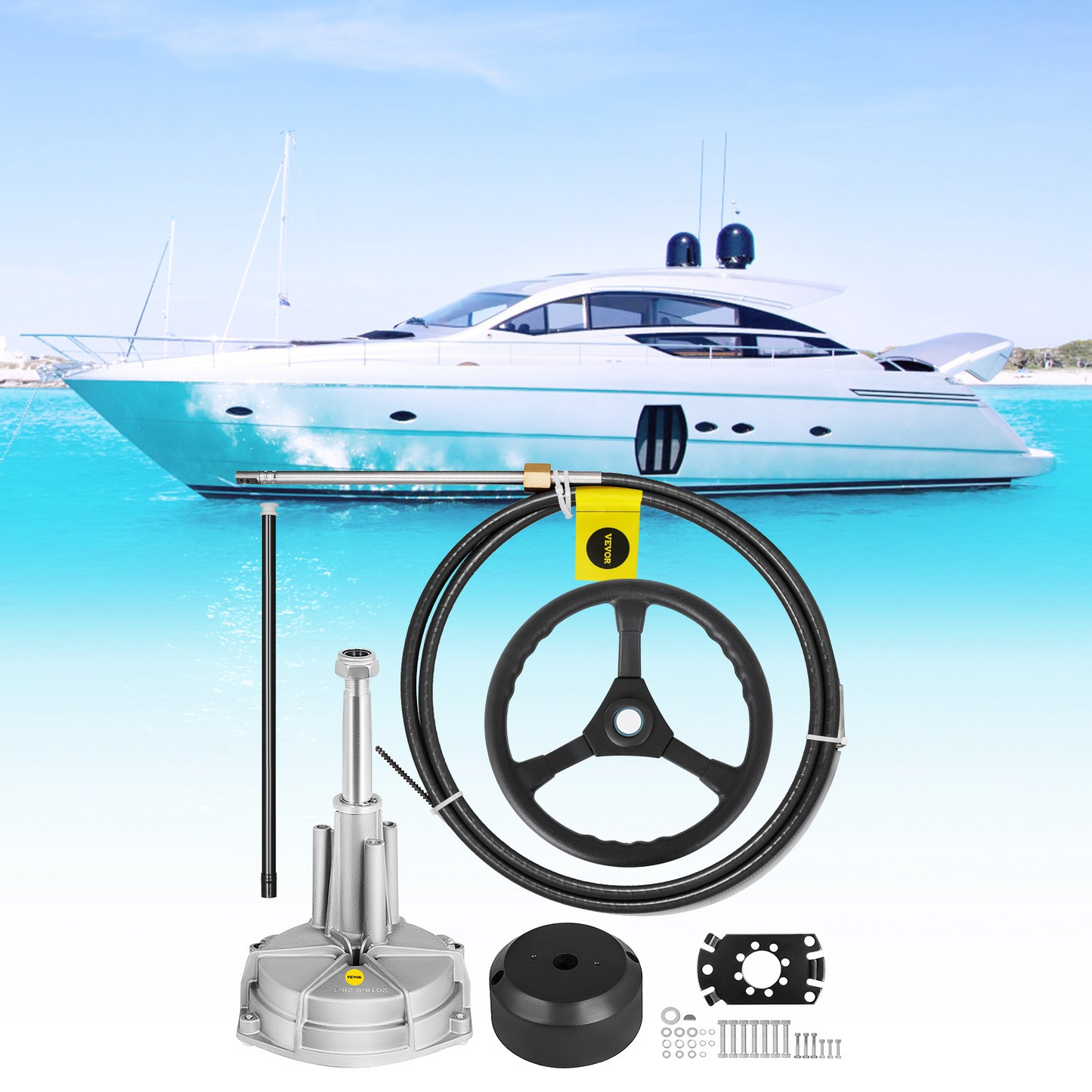 VEVOR Outboard Steering System 15' - Durable Marine Steering Cable with 13" Wheel