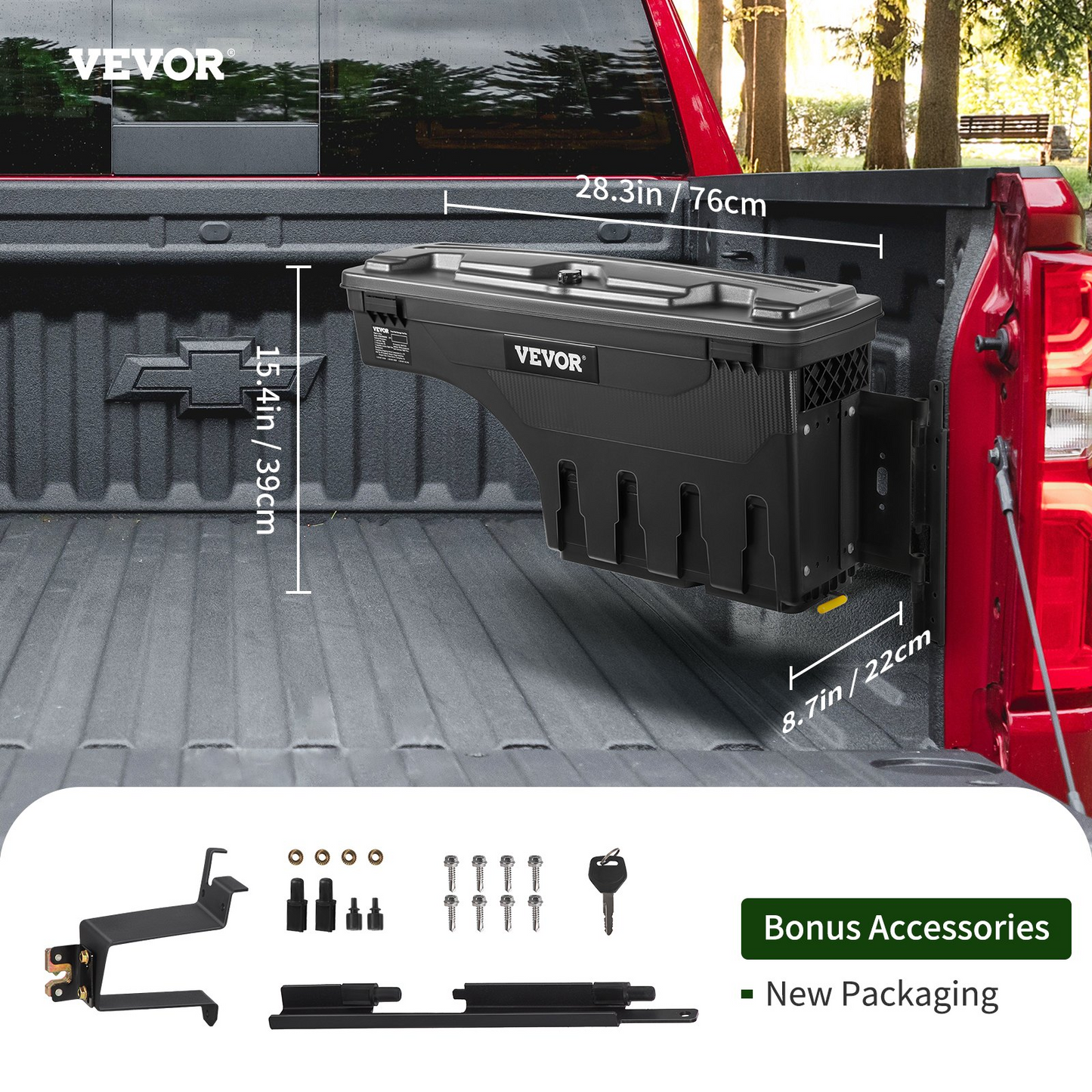 VEVOR Truck Bed Storage Box, Lockable Lid, Waterproof ABS Wheel Well Tool Box 6.6 Gal/20 L, Compatible with Chevrolet Silverado 1500 GMC Sierra 1500 2019-2021, Passenger Side, Black