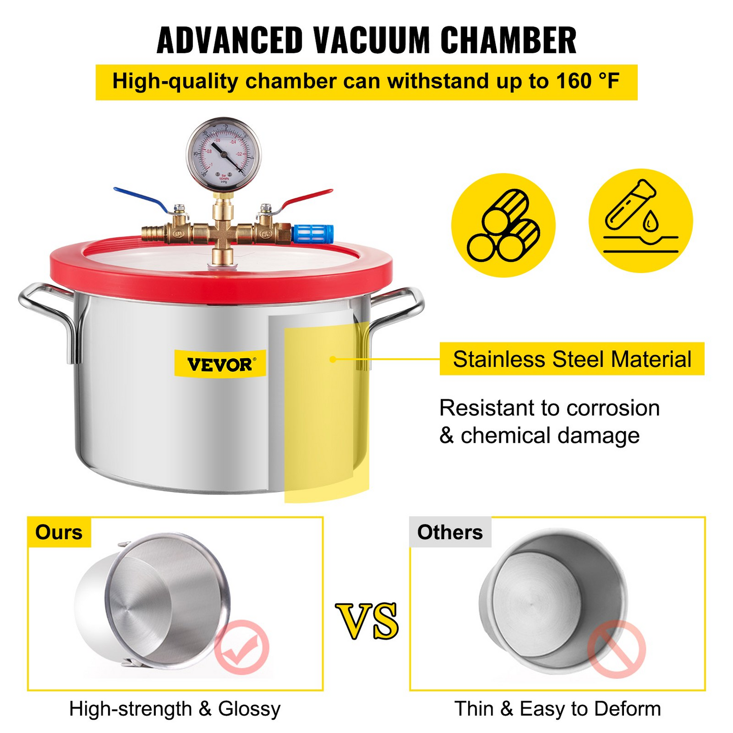 VEVOR Vacuum Chamber 1.5 Gallon Vacuum Degassing Chamber Glass Lid Stainless Steel Degassing Chamber Silicones for Gas Extraction and Protect Food