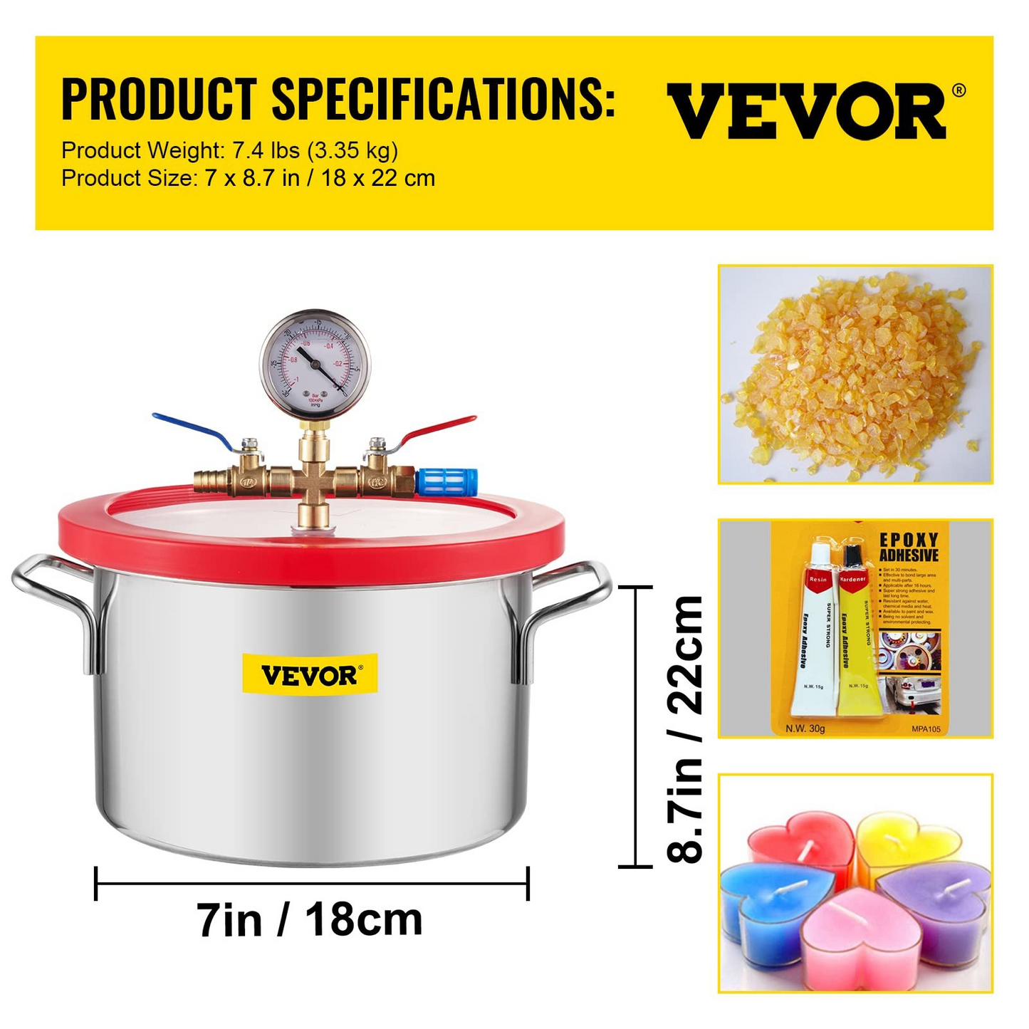 VEVOR Vacuum Chamber 1.5 Gallon Vacuum Degassing Chamber Glass Lid Stainless Steel Degassing Chamber Silicones for Gas Extraction and Protect Food