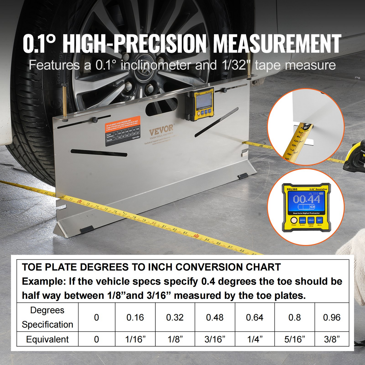 VEVOR Wheel Alignment Tool, 2-Pack Toe Plates, Camber/Caster/Toe Gauge 0.1° Accuracy, Stainless Steel Tool Plate, Magnetic Slots and 6 Alignment Rods, Includes 2 Measuring Tapes & Conversion Chart