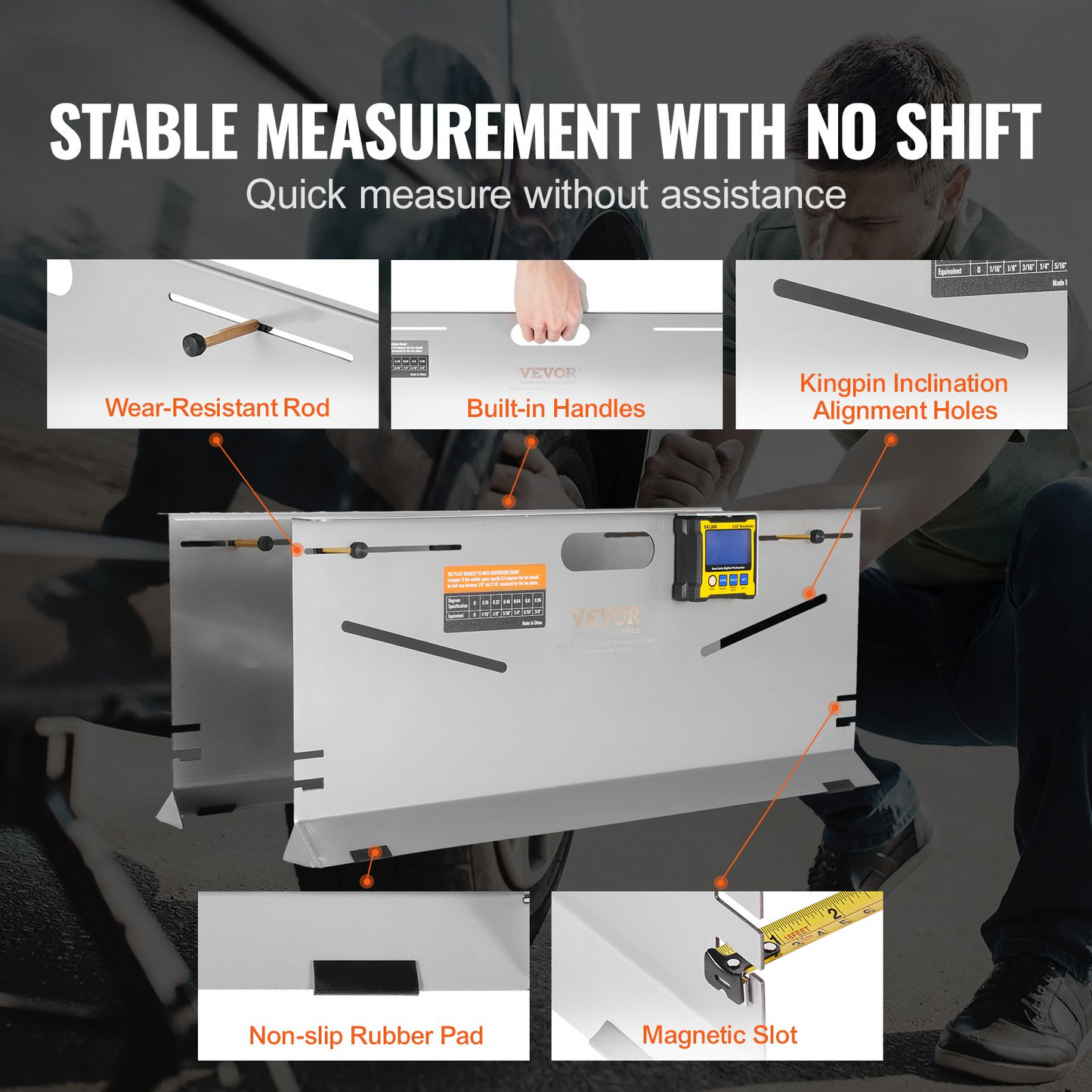 VEVOR Wheel Alignment Tool, 2-Pack Toe Plates, Camber/Caster/Toe Gauge 0.1° Accuracy, Stainless Steel Tool Plate, Magnetic Slots and 6 Alignment Rods, Includes 2 Measuring Tapes & Conversion Chart