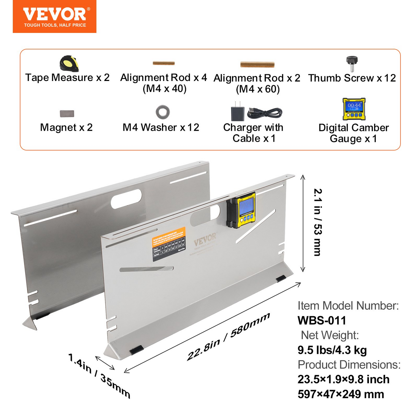 VEVOR Wheel Alignment Tool, 2-Pack Toe Plates, Camber/Caster/Toe Gauge 0.1° Accuracy, Stainless Steel Tool Plate, Magnetic Slots and 6 Alignment Rods, Includes 2 Measuring Tapes & Conversion Chart