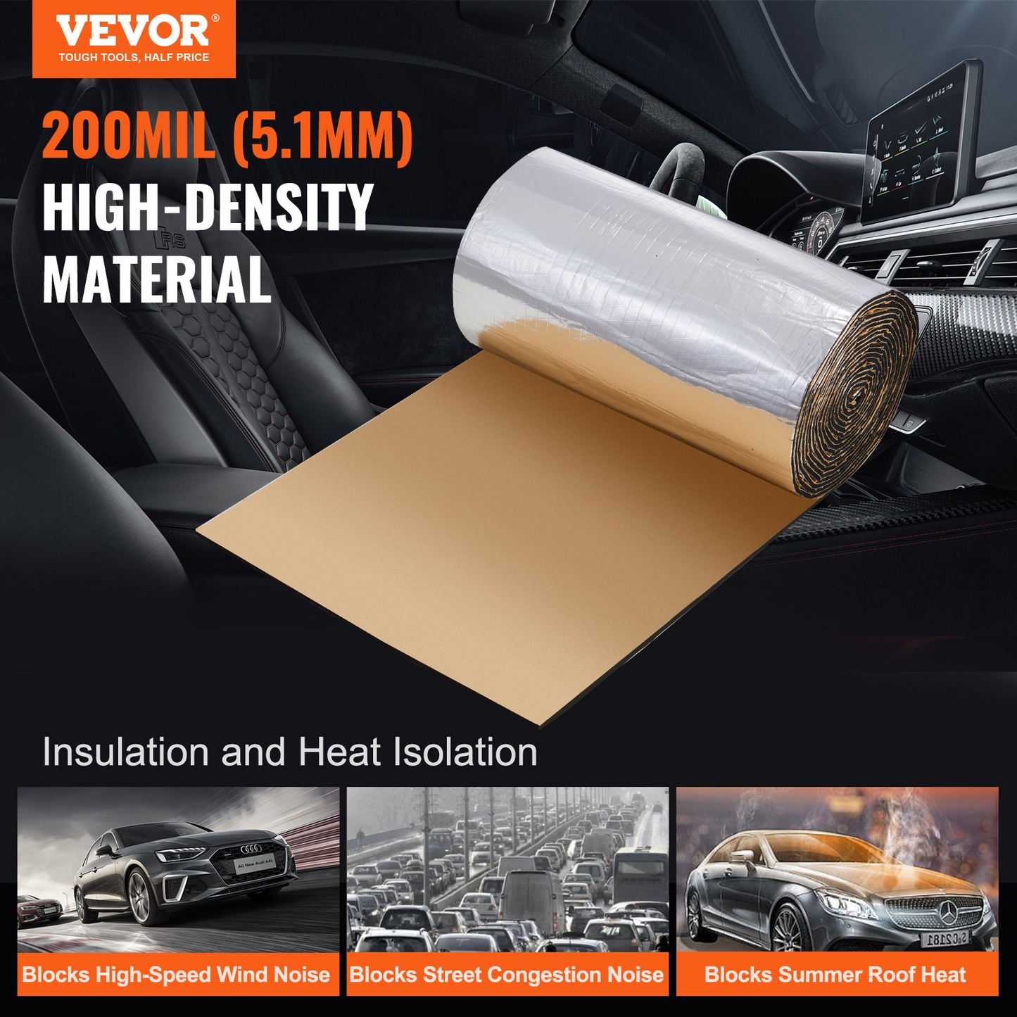 VEVOR Car Sound Deadening Mat, 200 mil 36 sqft Automotive Sound Deadener, High Density Foam Sound Deadener Material & Heat Barrier, Double Layer Waterproof Structure Acoustic Insulation Mat