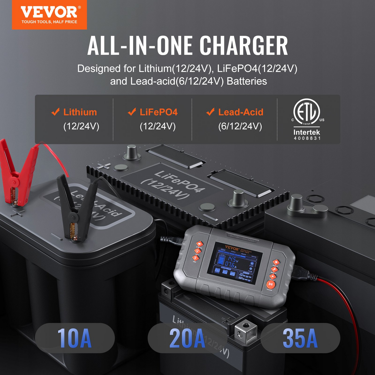 VEVOR Smart Battery Charger, 35-Amp, Lithium LiFePO4 Lead-Acid (AGM / Gel / SLA) Car Battery Charger with LCD Display