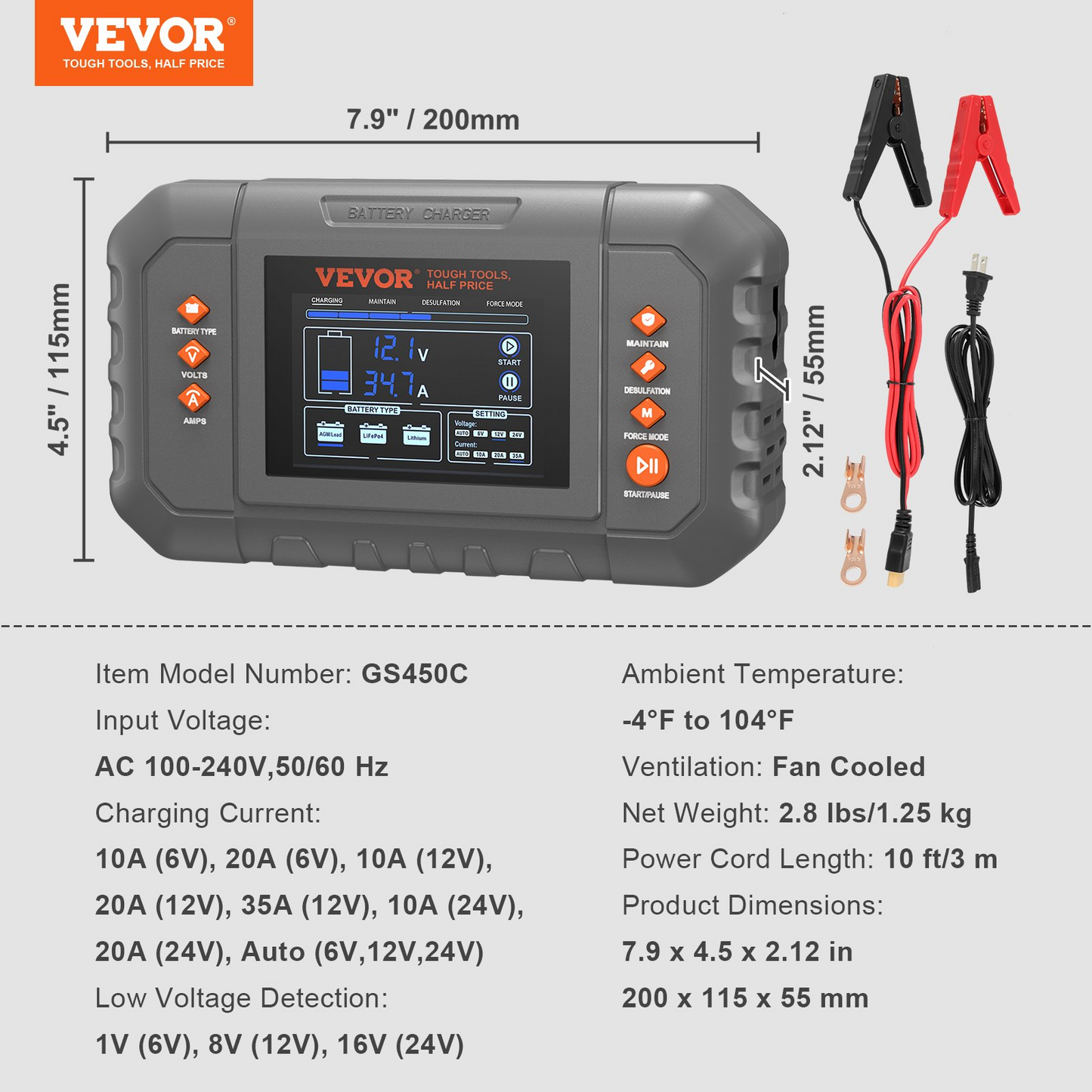 VEVOR Smart Battery Charger, 35-Amp, Lithium LiFePO4 Lead-Acid (AGM / Gel / SLA) Car Battery Charger with LCD Display