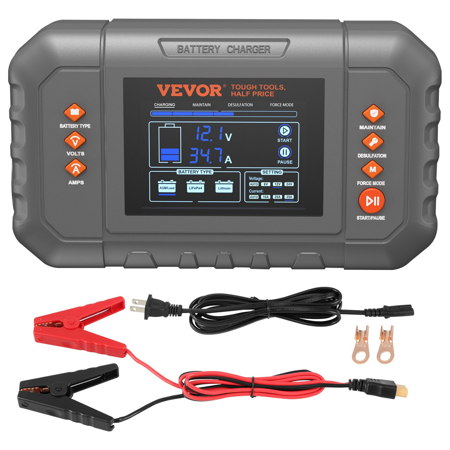 VEVOR Smart Battery Charger, 35-Amp, Lithium LiFePO4 Lead-Acid (AGM / Gel / SLA) Car Battery Charger with LCD Display