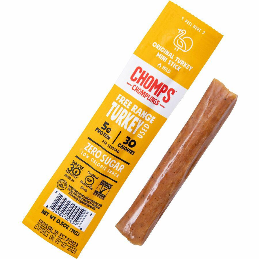 CHOMPS Chomplings Snack Sticks - Gluten-free, Non-GMO - Original Turkey - 0.50 oz - 24 / Pack