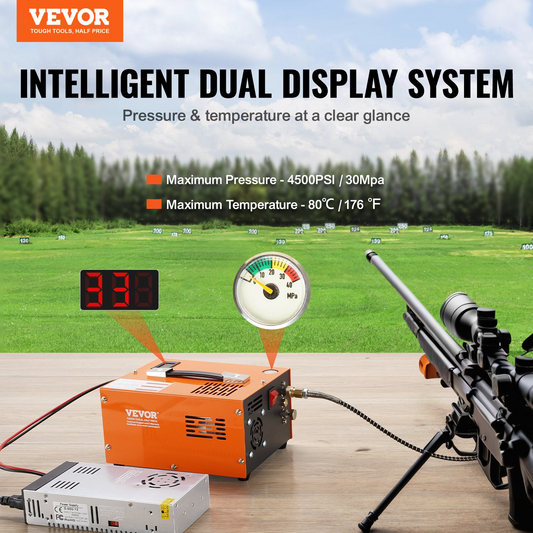 VEVOR PCP Air Compressor, 4500PSI/30Mpa Portable PCP Airgun Compressor with External Converter, DC12V, AC115V | Oil & Water-Free | Manual-Stop Air Rifle, Paintball and Scuba Tank Compressor Pump