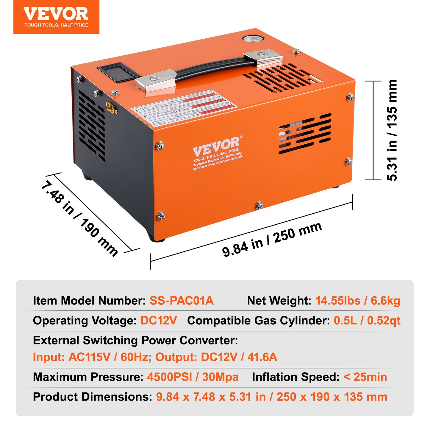 VEVOR PCP Air Compressor, 4500PSI/30Mpa Portable PCP Airgun Compressor with External Converter, DC12V, AC115V | Oil & Water-Free | Manual-Stop Air Rifle, Paintball and Scuba Tank Compressor Pump