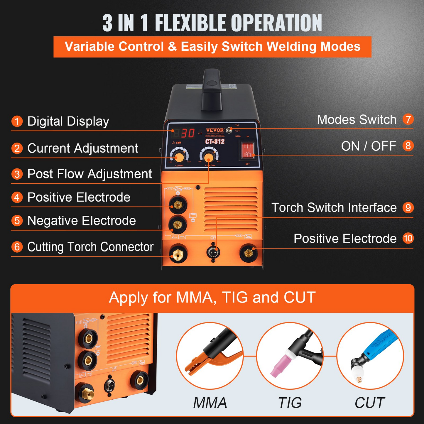 VEVOR 3 in 1 Plasma Cutter Welder Machine, CT-312 TIG/MMA Plasma Cutter Combo Machine, 30A Plasma Cutter, 120Amp TIG Welder and 120A Stick Welder, Digital 110/220V Dual Voltage IGBT Inverter