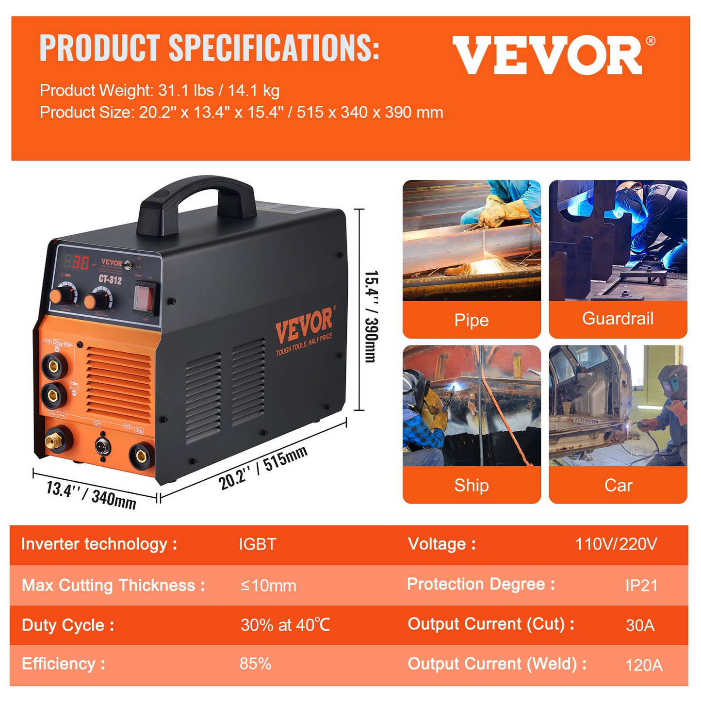 VEVOR 3 in 1 Plasma Cutter Welder Machine, CT-312 TIG/MMA Plasma Cutter Combo Machine, 30A Plasma Cutter, 120Amp TIG Welder and 120A Stick Welder, Digital 110/220V Dual Voltage IGBT Inverter