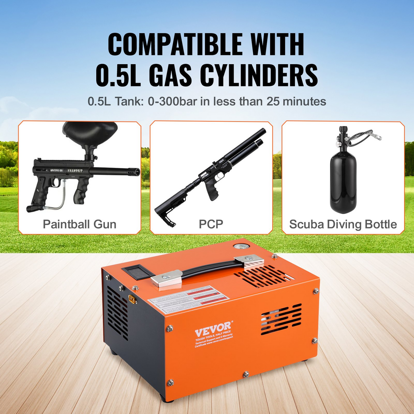 VEVOR PCP Air Compressor, 4500PSI/30Mpa Portable PCP Airgun Compressor with External Converter, DC12V, AC115V | Oil & Water-Free | Manual-Stop Air Rifle, Paintball and Scuba Tank Compressor Pump