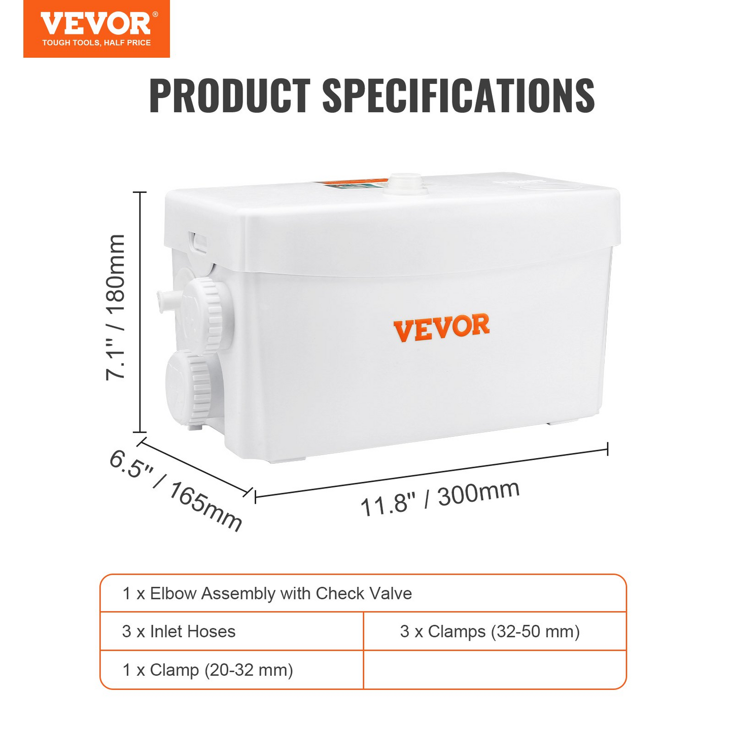 VEVOR Macerator Pump, 350W, 6000 L/h Flow, 23 ft/7 m Head, Macerator Sewerage Sump Pump with 3 Water Inlets for Basement, Kitchen, Sink, Shower, Bathtub, Laundry Waste Water Disposal Upflush Machine