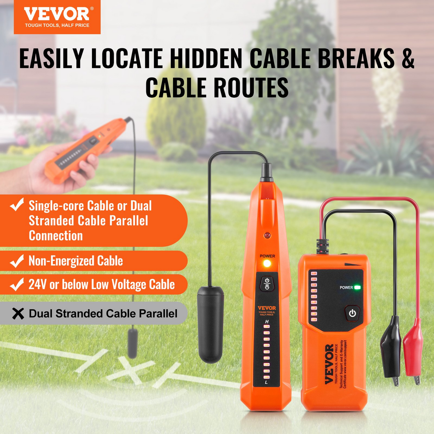 VEVOR Underground Cable Locator, 3 FT Max. Detection Depth, Wire Tracer Break Detector Finder with Earphone, 1000 FT Max.Detection Length Cable Tester for Pet Fence Buried Sprinkler Valve Irrigation