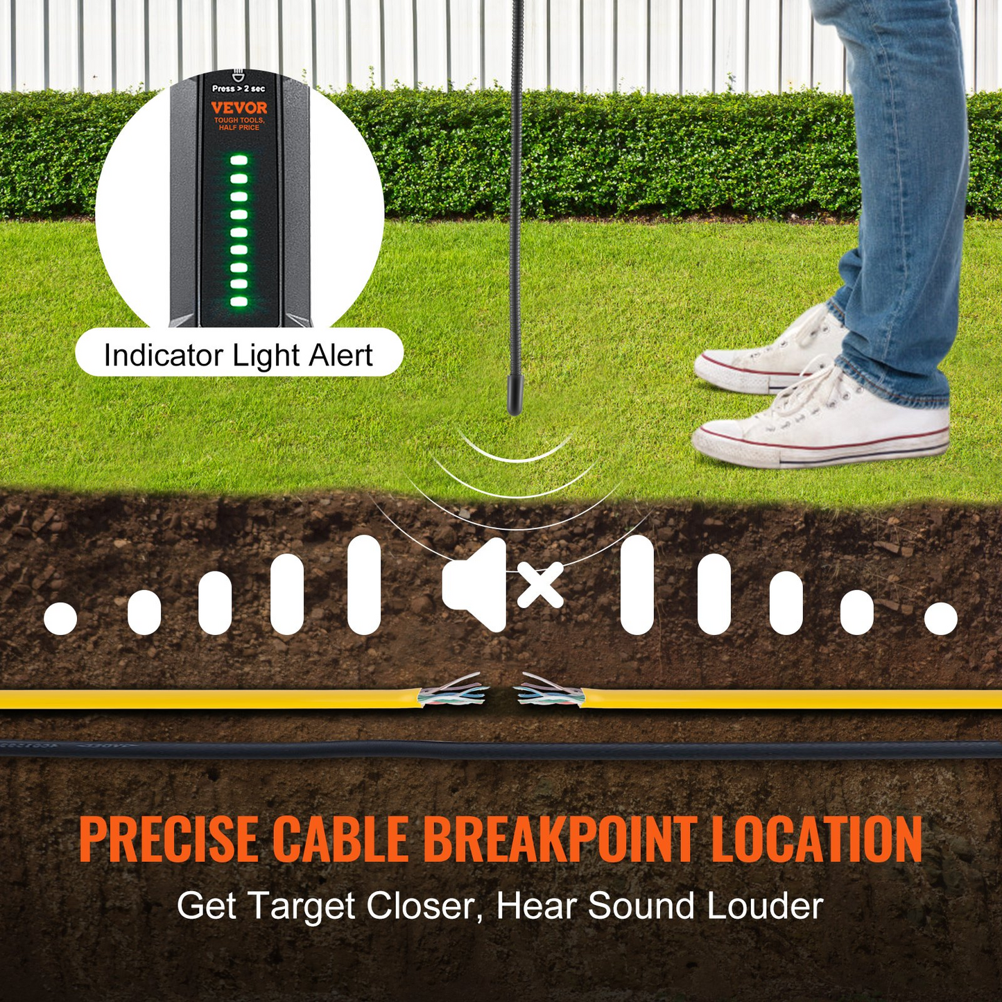 VEVOR Underground Cable Locator, 6.5 FT Max. Detection Depth, Wire Tracer Break Detector Finder with Earphone, 3280 FT Max.Detection Length Cable Tester for Pet Fence Buried Sprinkler Valve Irrigation