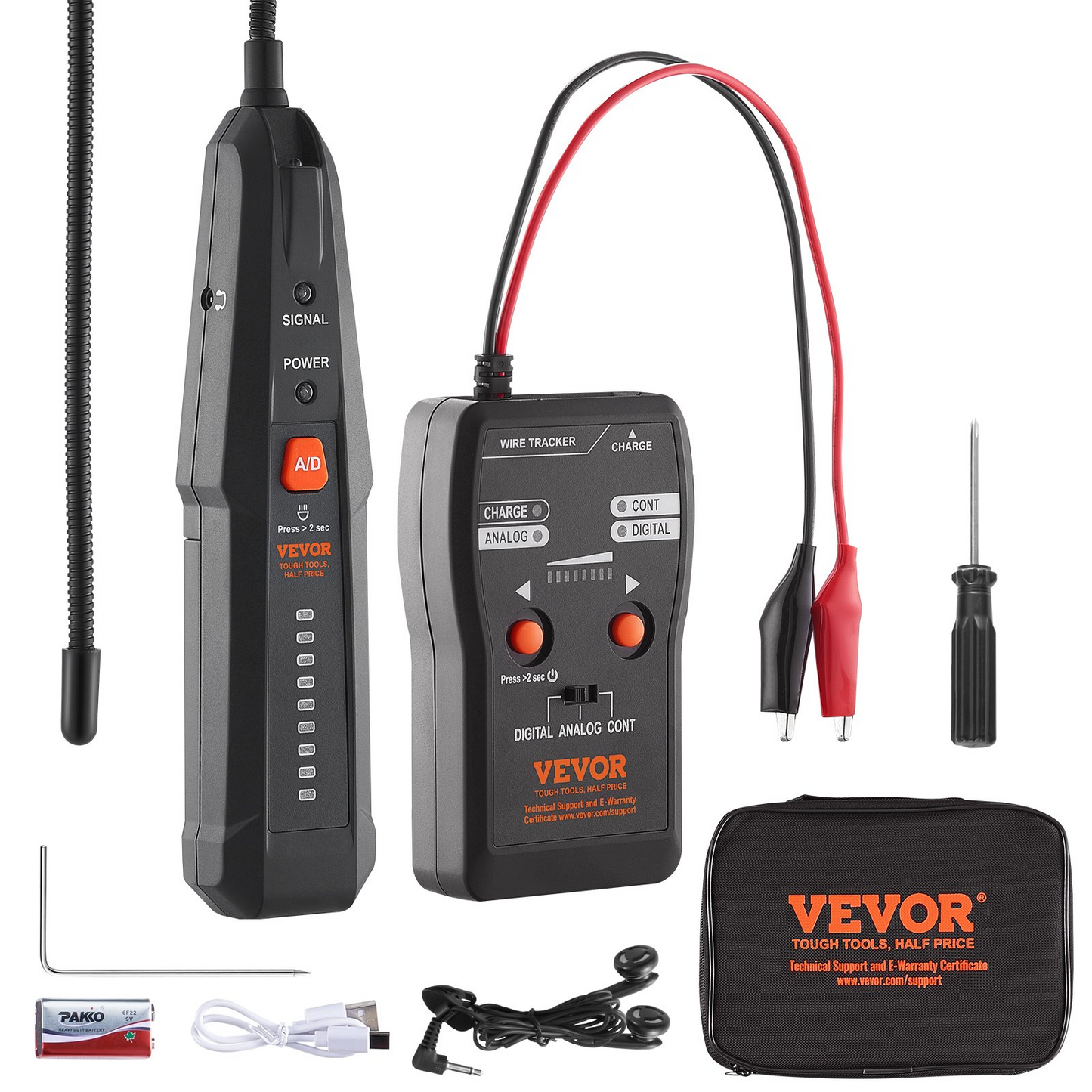 VEVOR Underground Cable Locator, 6.5 FT Max. Detection Depth, Wire Tracer Break Detector Finder with Earphone, 3280 FT Max.Detection Length Cable Tester for Pet Fence Buried Sprinkler Valve Irrigation