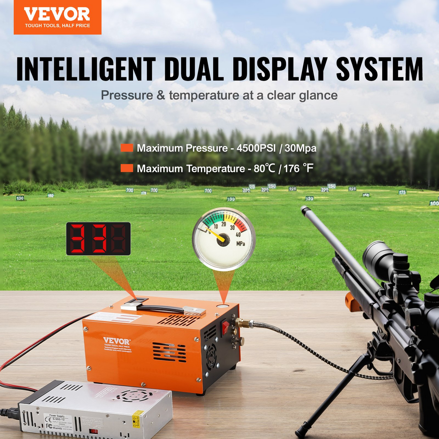 VEVOR PCP Air Compressor, 4500PSI/30Mpa Portable PCP Airgun Compressor with External Converter, DC12V, AC115V | Oil & Water-Free | Manual-Stop Air Rifle, Paintball and Scuba Tank Compressor Pump