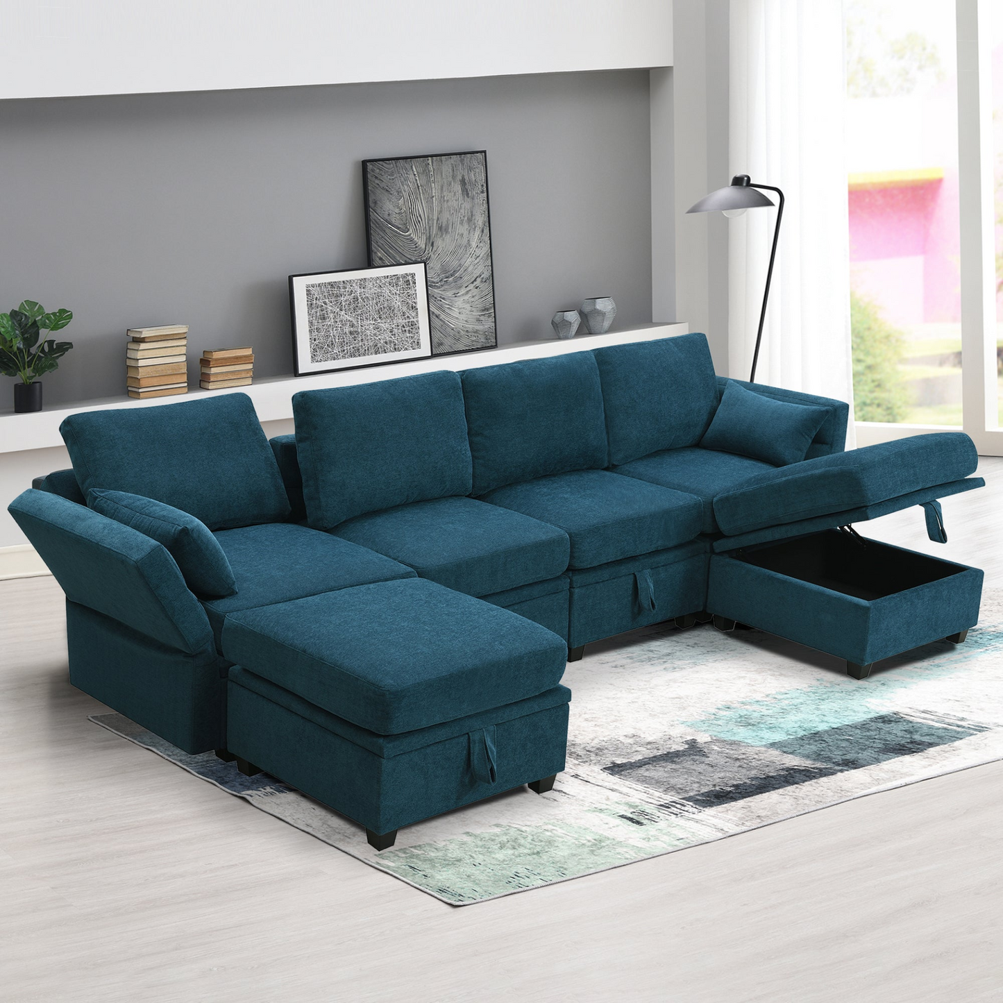 109*54.7" Chenille Modular Sectional Sofa, U-Shaped Couch with Adjustable Armrests & Backrests, 6-Seat Reversible Sofa Bed with Storage, 2 Colors