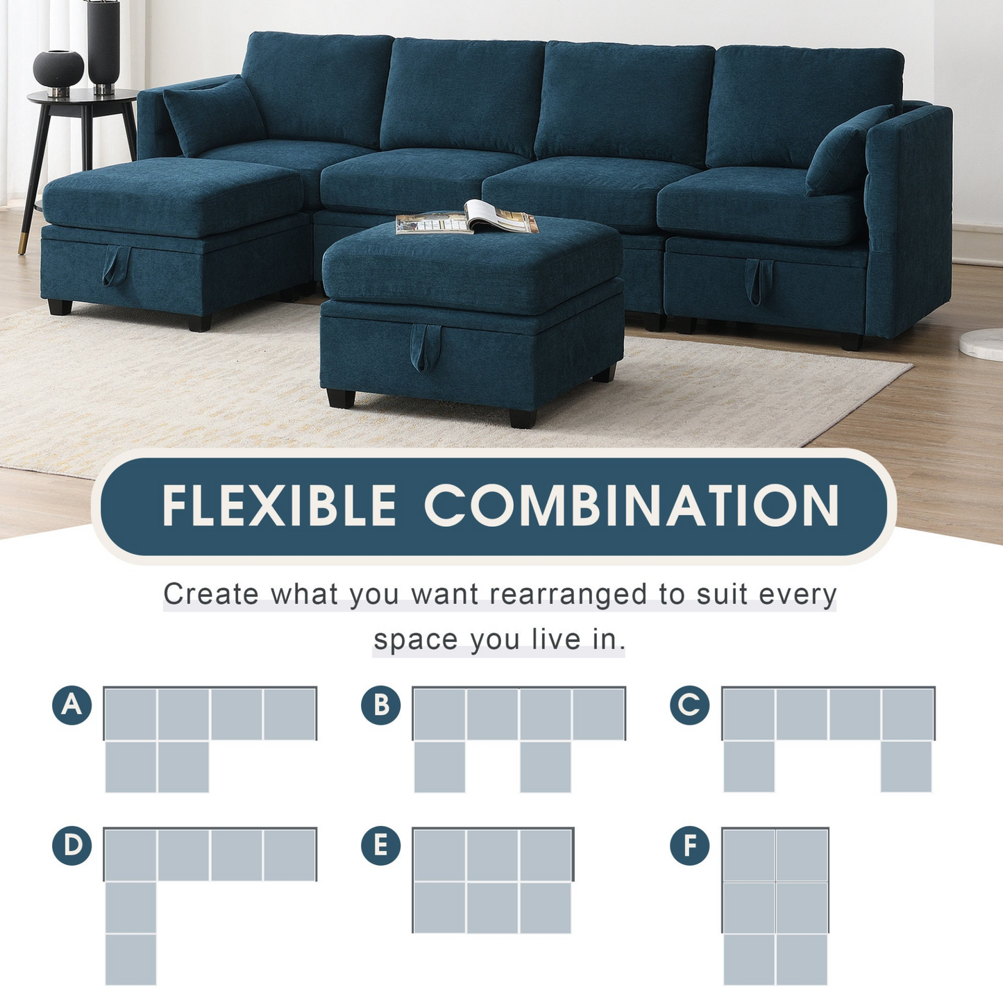 109*54.7" Chenille Modular Sectional Sofa, U-Shaped Couch with Adjustable Armrests & Backrests, 6-Seat Reversible Sofa Bed with Storage, 2 Colors