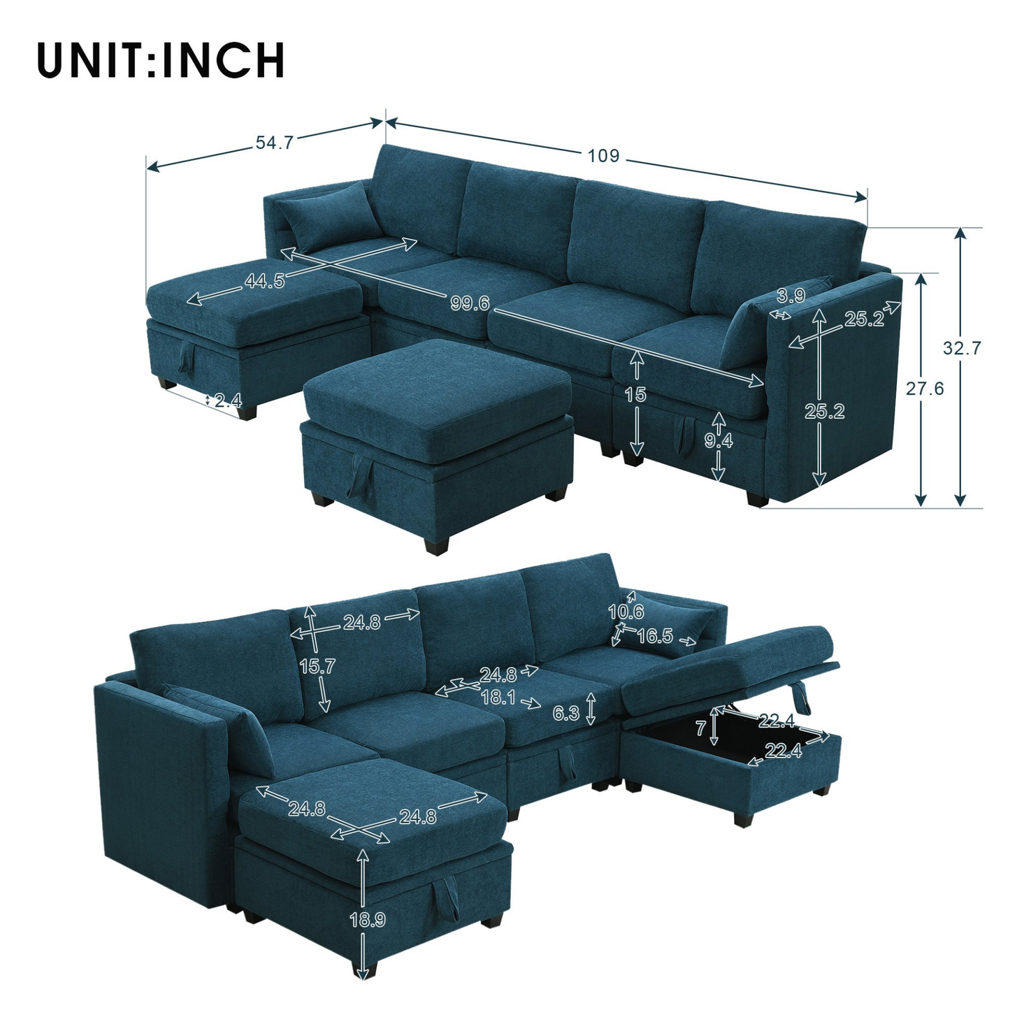 109*54.7" Chenille Modular Sectional Sofa, U-Shaped Couch with Adjustable Armrests & Backrests, 6-Seat Reversible Sofa Bed with Storage, 2 Colors