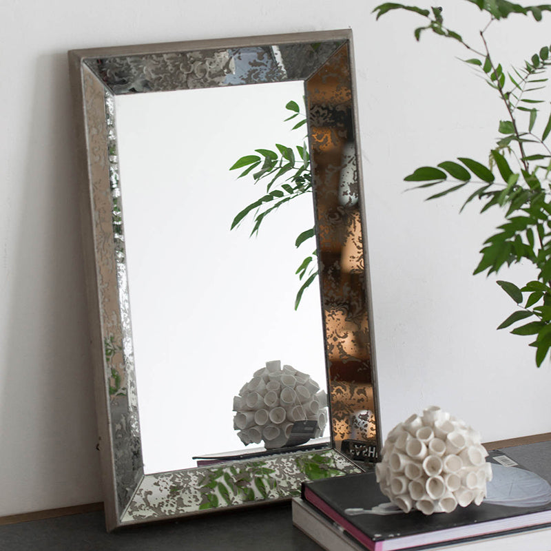 24" x 15" Antique Silver Rectangle Mirror with Floral Accents, Mirrored Display Tray, Hanging Wall Mirror