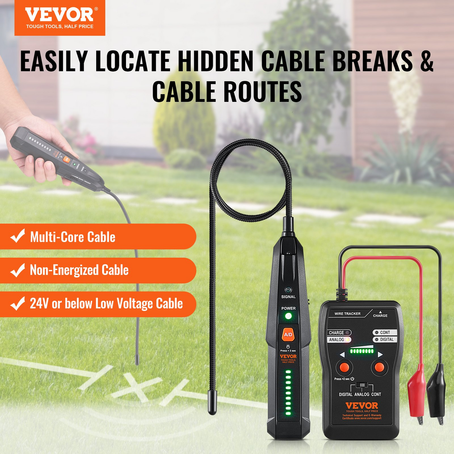 VEVOR Underground Cable Locator, 6.5 FT Max. Detection Depth, Wire Tracer Break Detector Finder with Earphone, 3280 FT Max.Detection Length Cable Tester for Pet Fence Buried Sprinkler Valve Irrigation