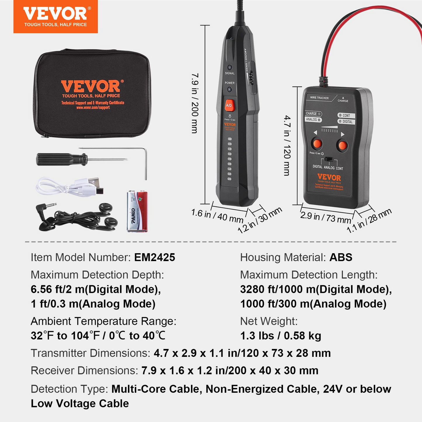 VEVOR Underground Cable Locator, 6.5 FT Max. Detection Depth, Wire Tracer Break Detector Finder with Earphone, 3280 FT Max.Detection Length Cable Tester for Pet Fence Buried Sprinkler Valve Irrigation