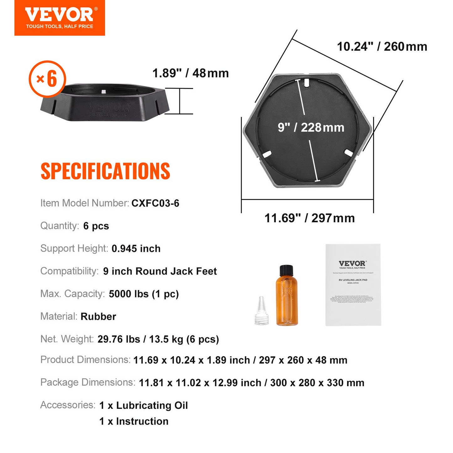 VEVOR RV Leveling Pads, 9 Inch Round Landing Feet, Permanent Attached Jack Stabilizers, Rubber Jack Pads, 5000 lbs Capacity per RV Jack Pad, 5th Wheels, Travel Trailers, Class A/C Motorhomes (6-Pack)