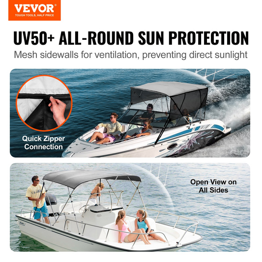 VEVOR 4 Bow Bimini Top Boat Cover, Detachable Mesh Sidewalls, Light Grey