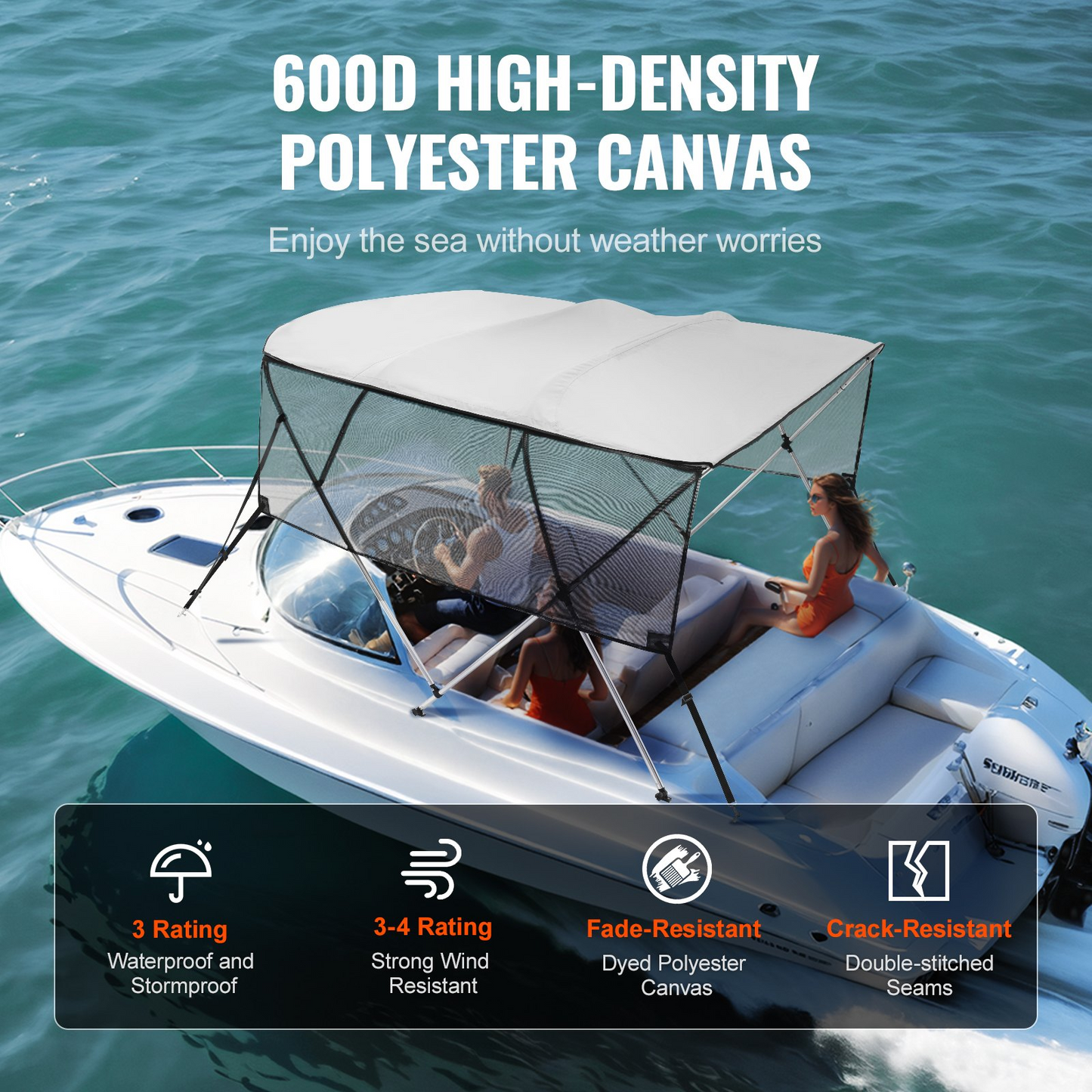 VEVOR 4 Bow Bimini Top Boat Cover, Detachable Mesh Sidewalls, Light Grey