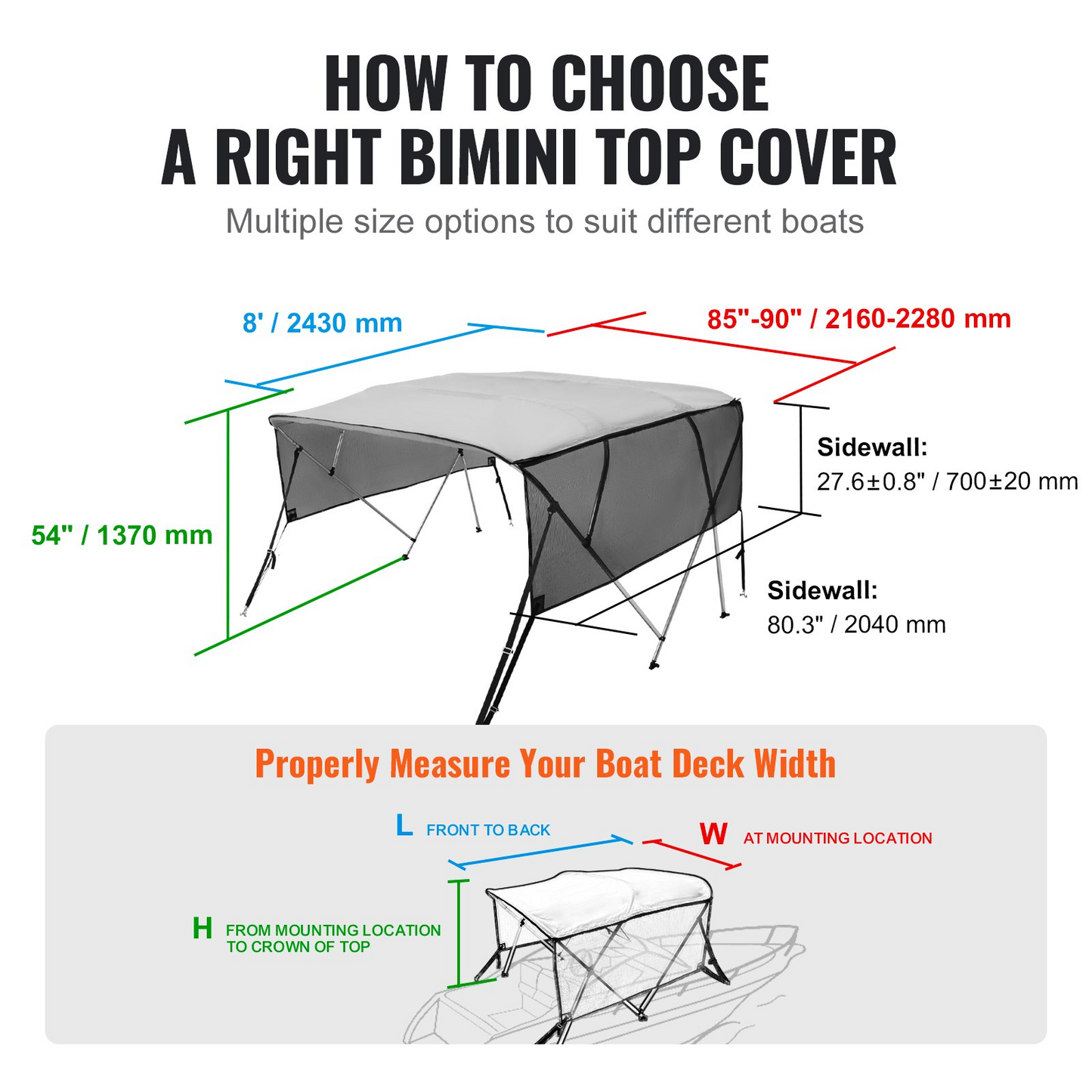 VEVOR 4 Bow Bimini Top Boat Cover, Detachable Mesh Sidewalls, Light Grey