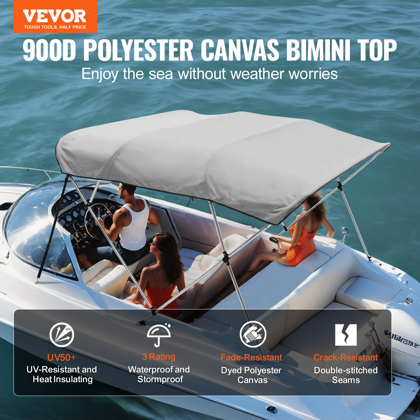 VEVOR 4 Bow Bimini Top Boat Cover, 900D Polyester Canopy with 1" Aluminum Alloy Frame, Waterproof and Sun Shade, Includes Storage Boot, 2 Support Poles, 4 Straps, 8'L x 54"H x 91"-96"W, Light Grey